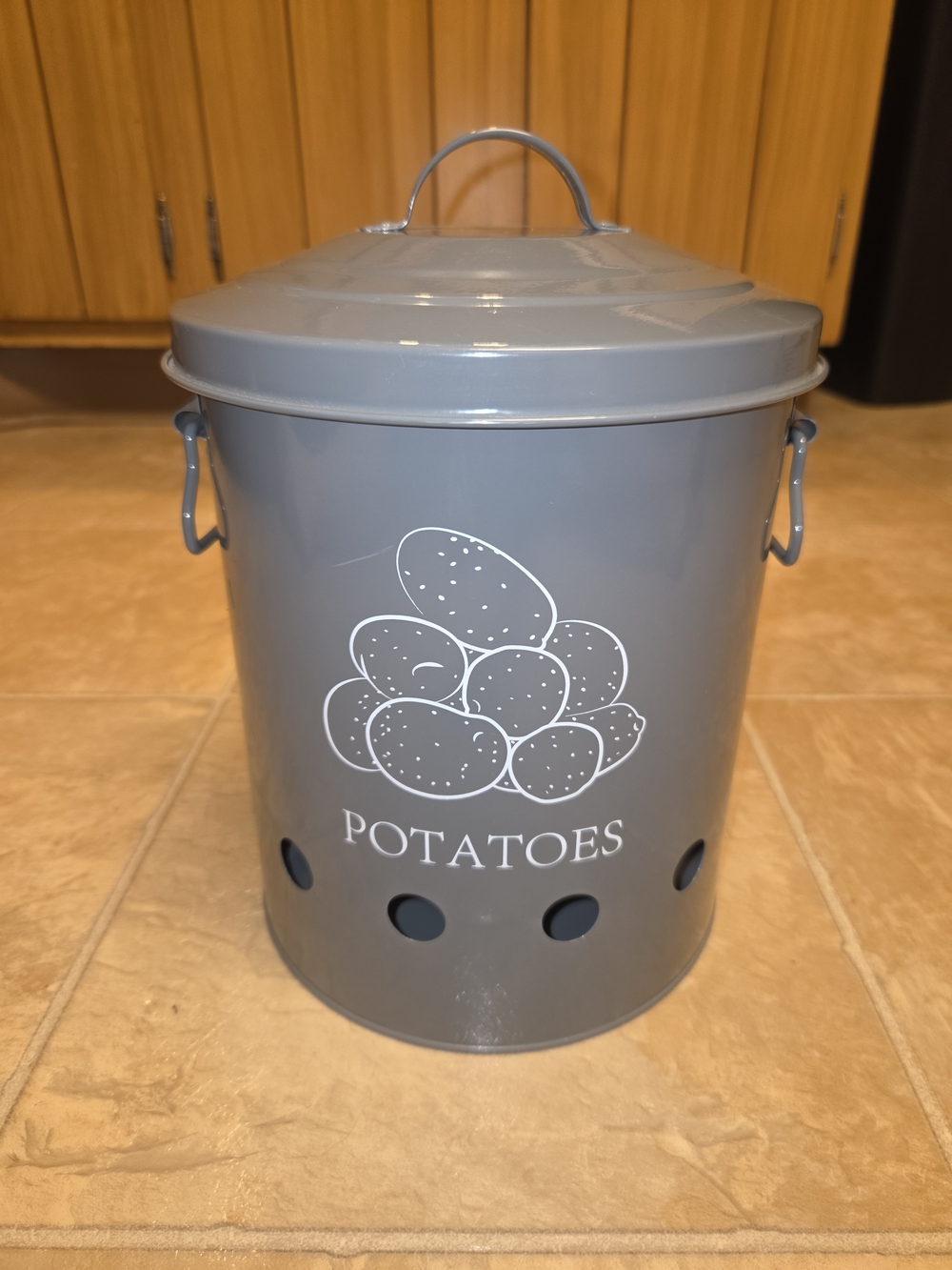 Gray Potato Storage Bin with Lid and Handles